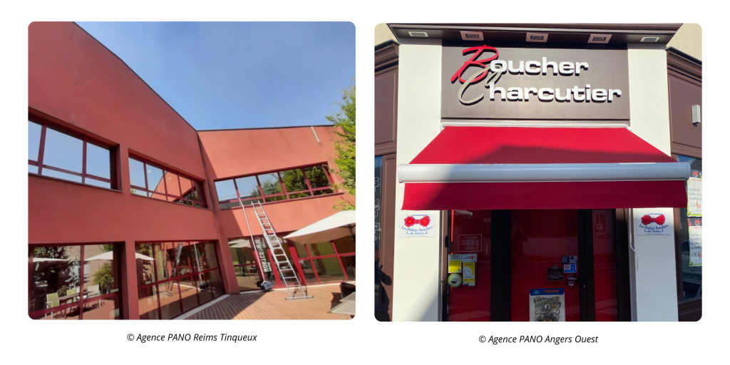 Exemple de film solaire réalisé par PANO Reims Tinqueux ainsi que d'un store banne rouge fait par PANO Angers Ouest.